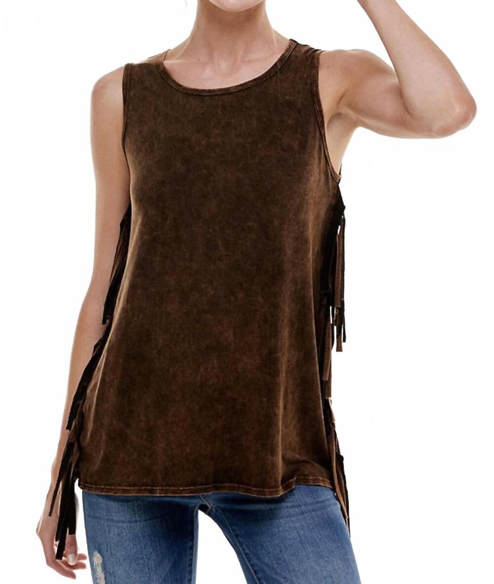 NEW T-PARTY mineral wash fringe side top in brown